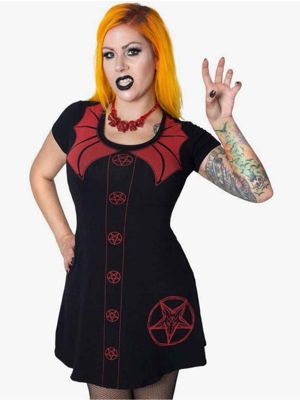 Kreepsville 666 Black & Red Gothic Bat Collar Short Sleeve Dress Top